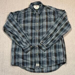 Vintage Levis Flannel Shirt Mens L Blue Black Plaid Made in Hong Kong 90s Cotton